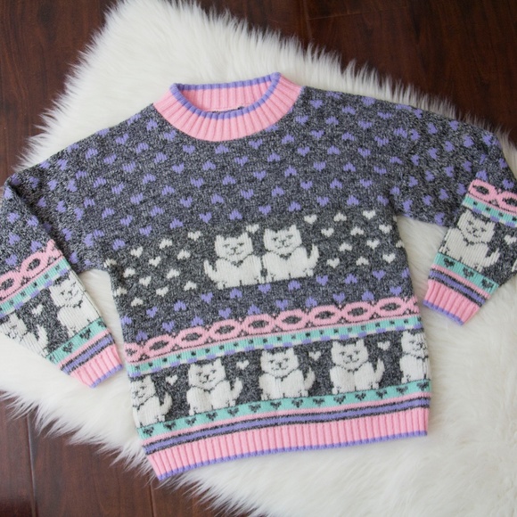 Vintage Sweaters - 🐱Rare Vtg 80's Kawaii Kittens & Hearts Sweater🐱